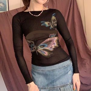 vintage y2k sheer mesh butterfly long sleeve top